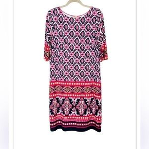 Eliza J Dress  Geometric Stretch Ikat Print Shift Crew Neck 3/4 Sleeves Size 8